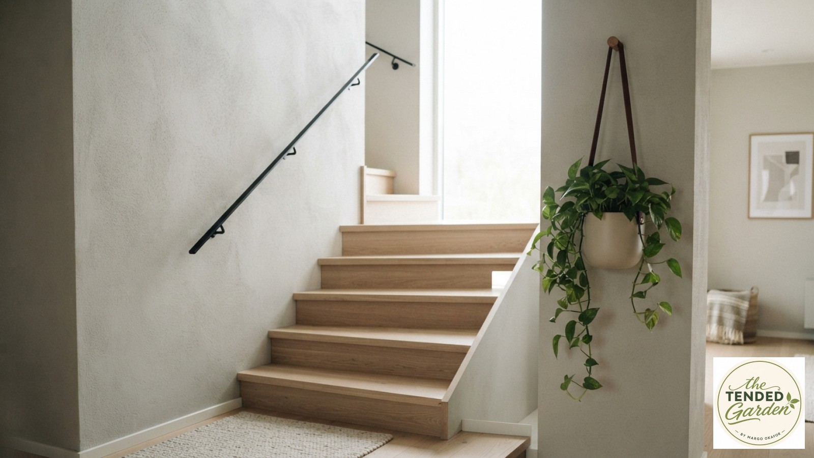 Scandinavian pale oak staircase with a leather strap stair railing plant hanger holding a single pothos