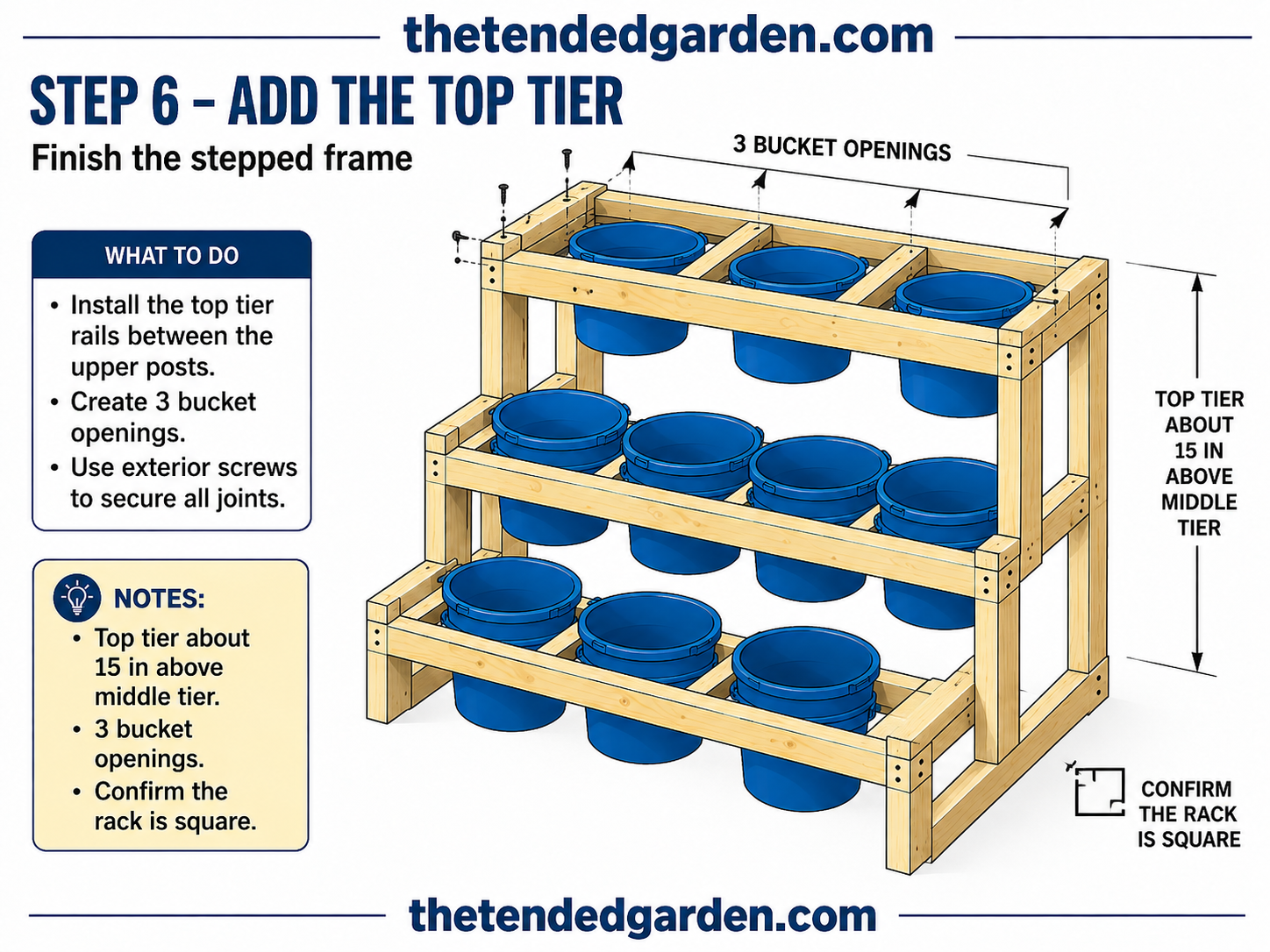 Finishing the top tier with three bucket openings to complete the stepped garden stand.