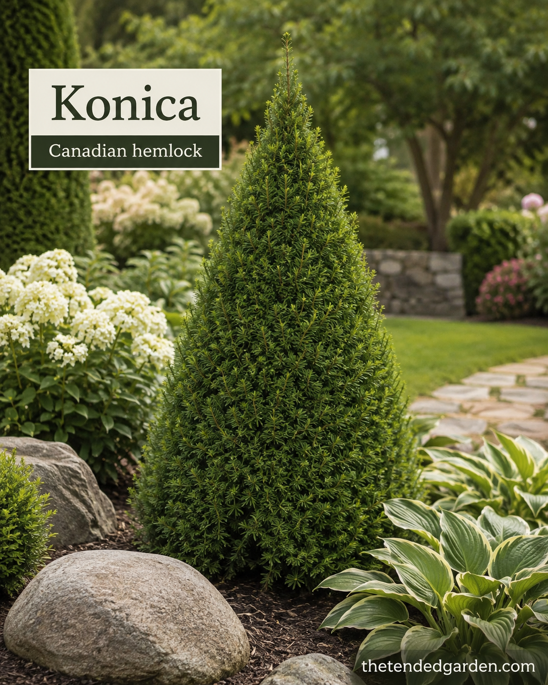 Conical Konica Canadian hemlock brings fine texture to this white and purple garden border with evergreens