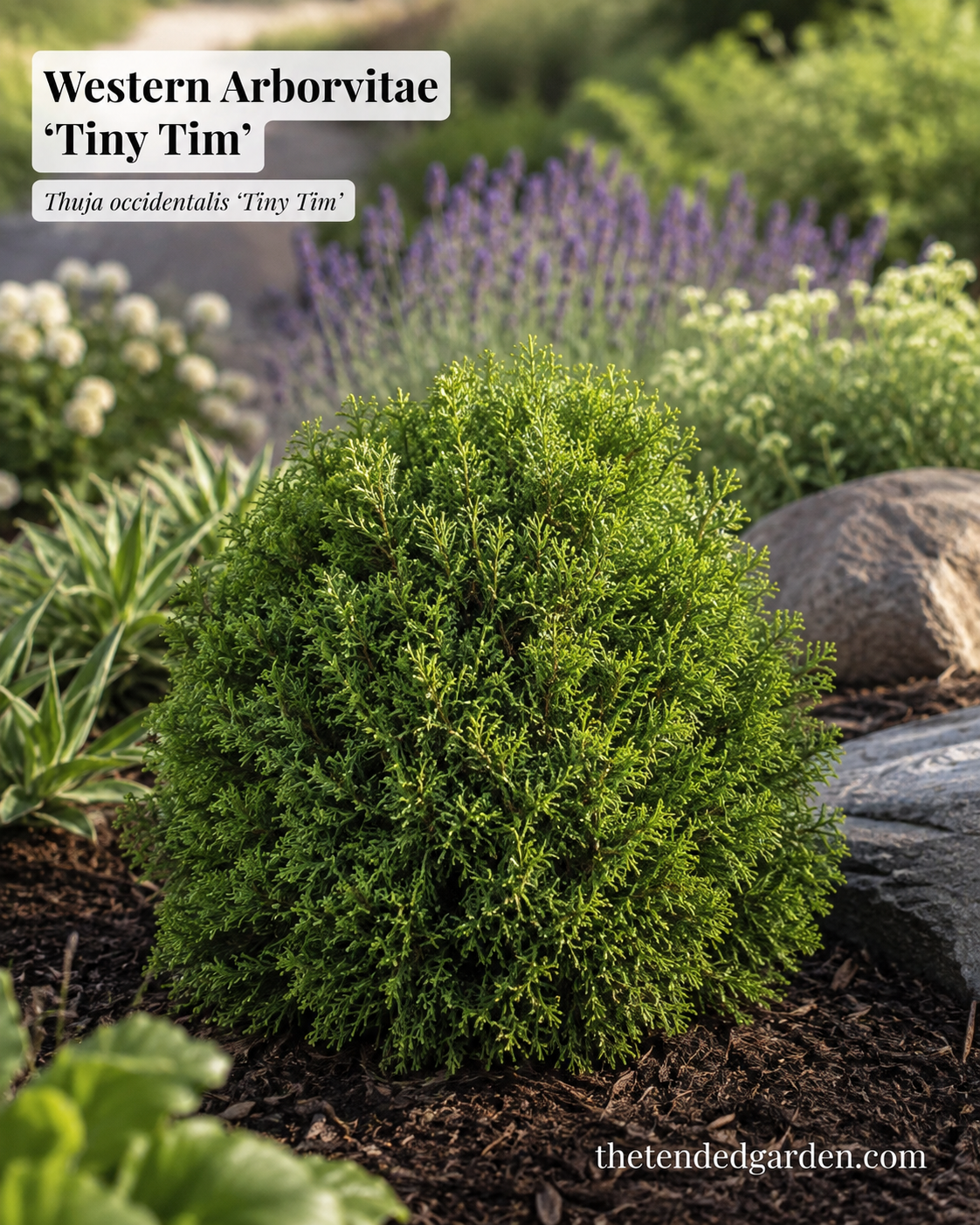Dwarf globe Tiny Tim arborvitae adds low evergreen structure to a white and purple garden border