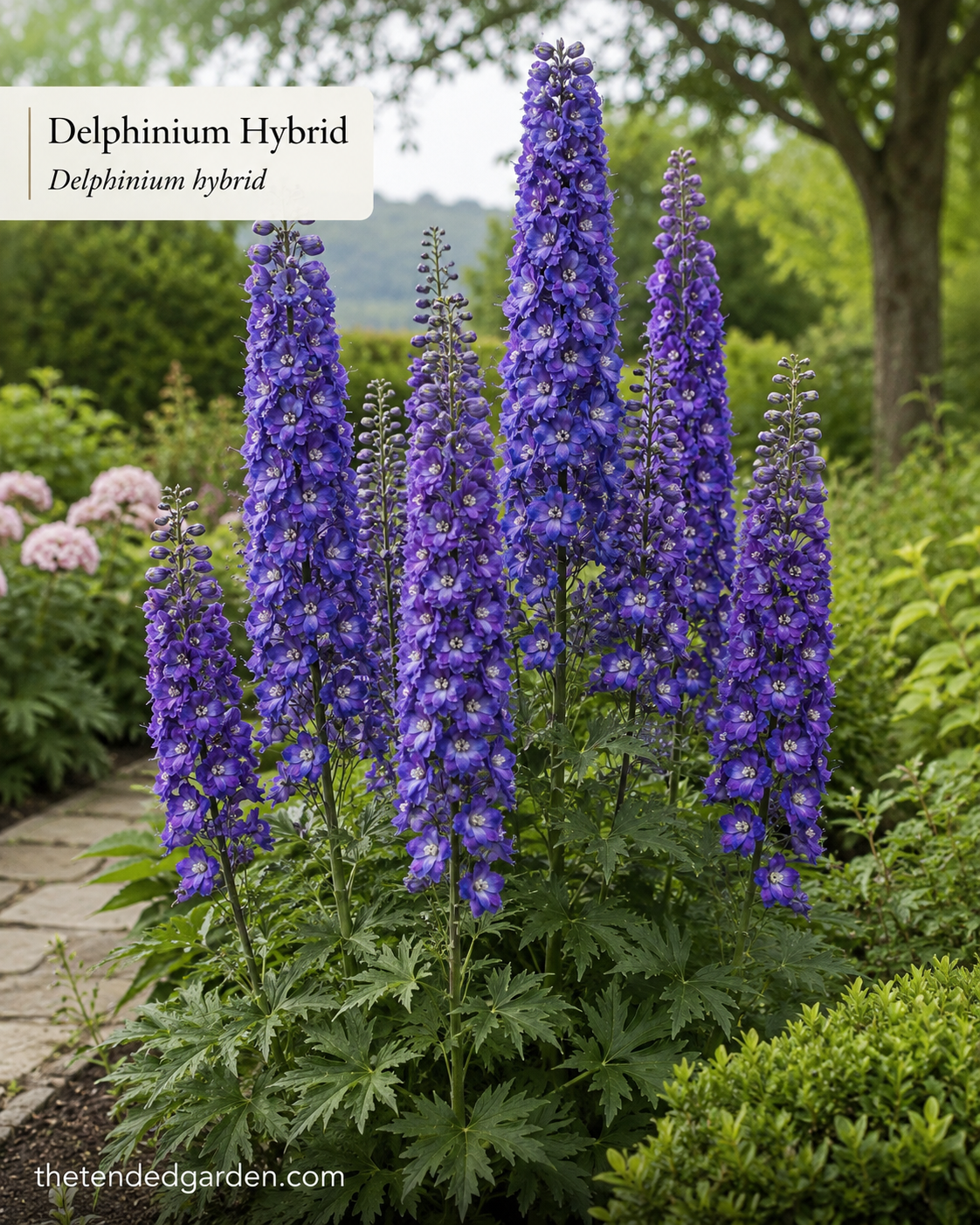 Purple delphinium spikes rise behind a stone path in a white and purple garden border planting