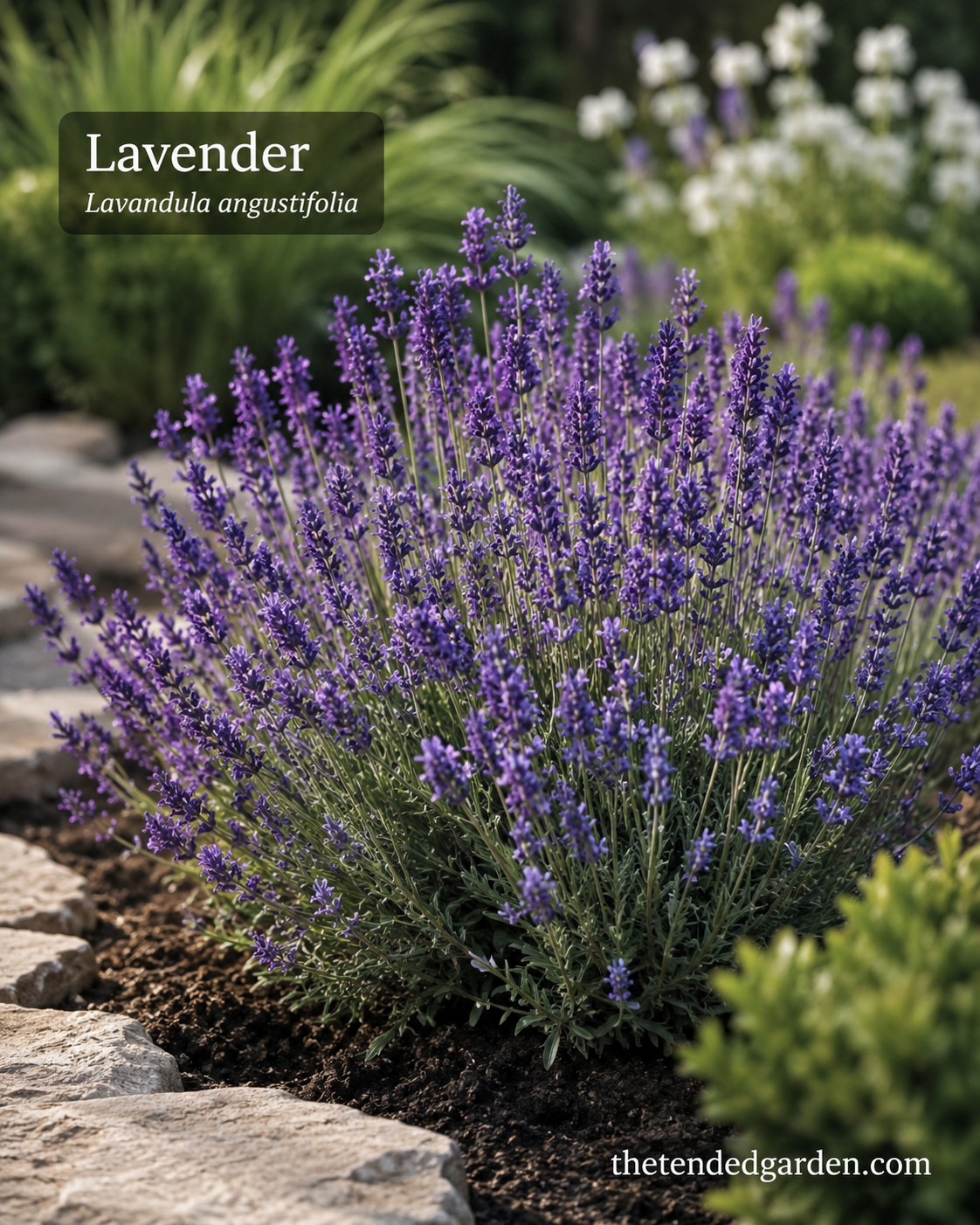 Lavandula angustifolia blooms in silvery purple spikes along a border edge near white phlox blooms